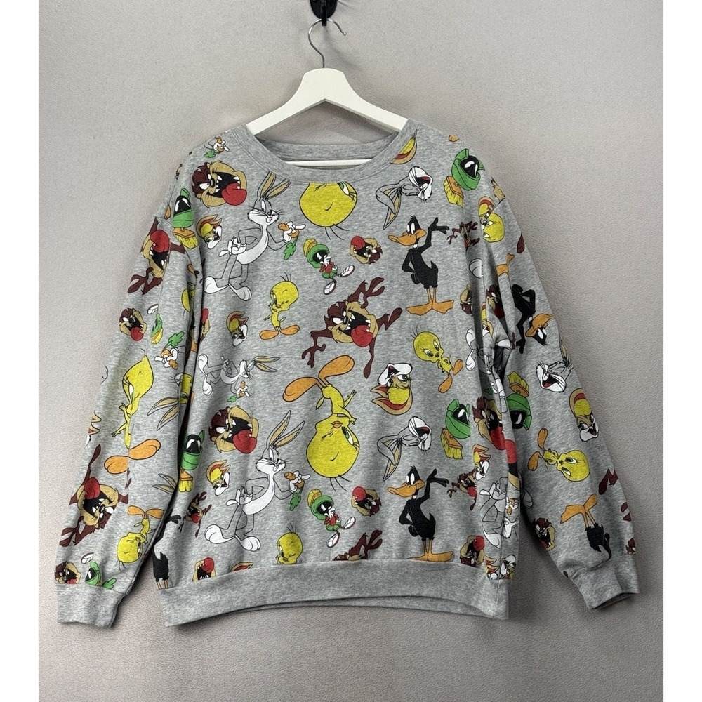 Looney Tunes All Over Print Sweatshirt Womens 2XL Gray Bugs Bunny Tweety Taz